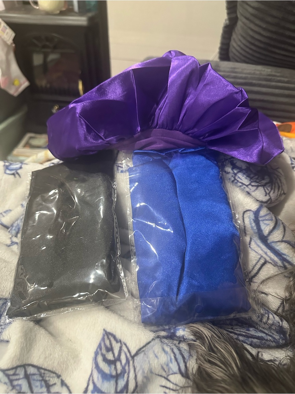 Satin Hair Bonnets and Scrunchies Set in Purple, Royal Blue, Black